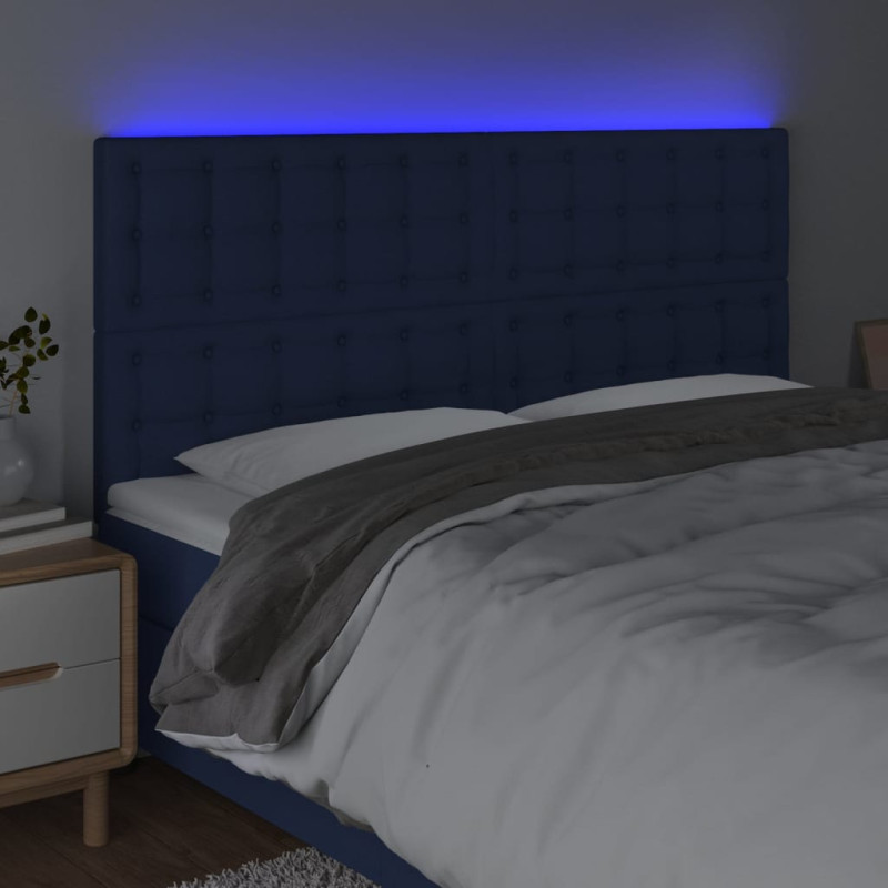 Zagłówek do łóżka z LED, niebieski, 200x5x118/128 cm, tkanina