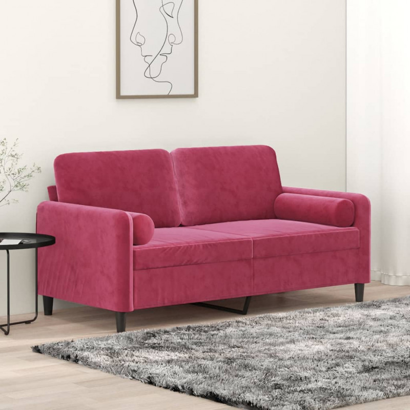 2-osobowa sofa z poduszkami, winna czerwień, 140 cm, aksamit
