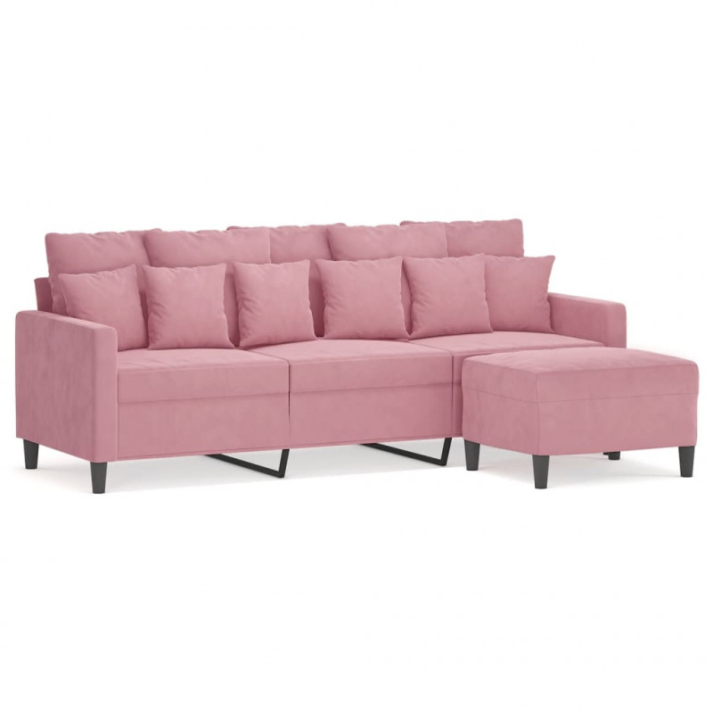 3-osobowa sofa z podnóżkiem, różowa, 180 cm, aksamitem