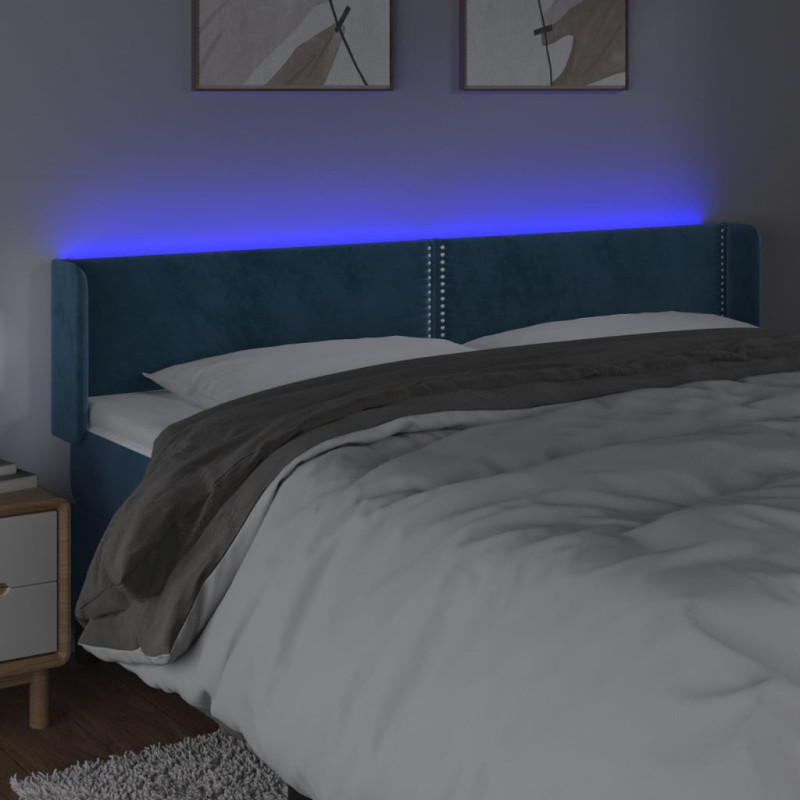Zagłówek do łóżka z LED ciemnoniebieski 203x16x78/88 cm aksamit