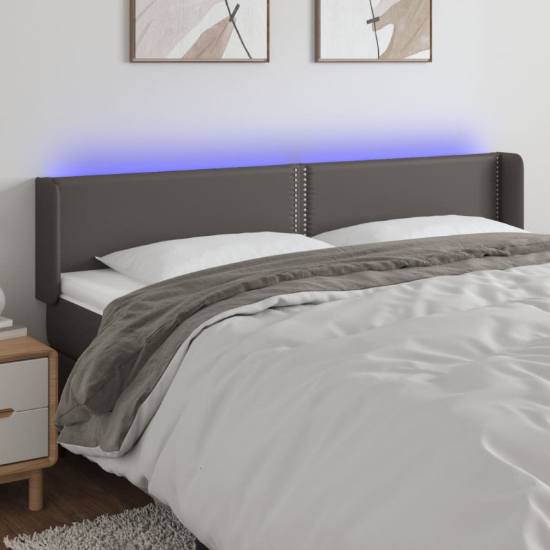 Zagłówek do łóżka z LED, szary, 203x16x78/88 cm, sztuczna skóra