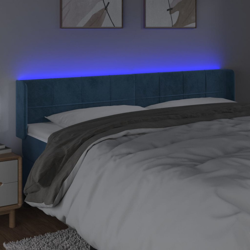 Zagłówek do łóżka z LED ciemnoniebieski 203x16x78/88 cm aksamit