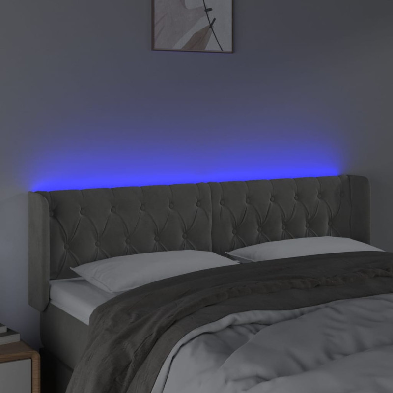 Zagłówek do łóżka z LED, jasnoszary, 147x16x78/88 cm, aksamit