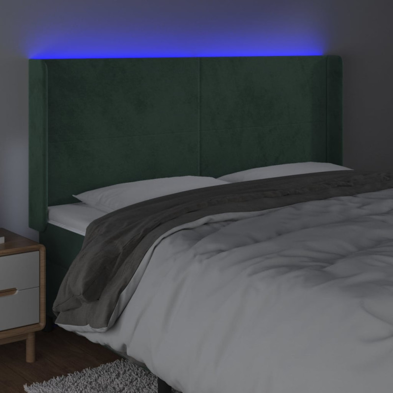 Zagłówek do łóżka z LED, ciemnozielony 203x16x118/128cm aksamit