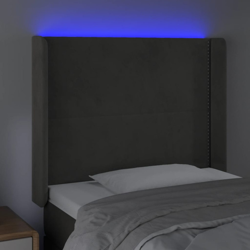 Zagłówek do łóżka z LED, ciemnoszary, 103x16x118/128cm, aksamit