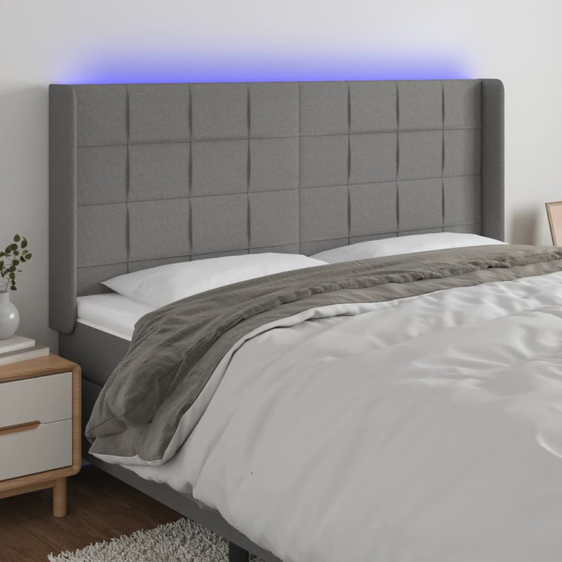 Zagłówek do łóżka z LED, ciemnoszary, 203x16x118/128cm, tkanina