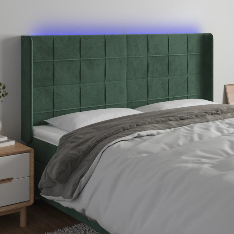 Zagłówek do łóżka z LED, ciemnozielony 203x16x118/128cm aksamit
