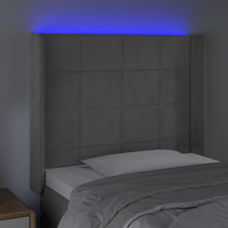 Zagłówek do łóżka z LED, jasnoszary, 103x16x118/128 cm, aksamit