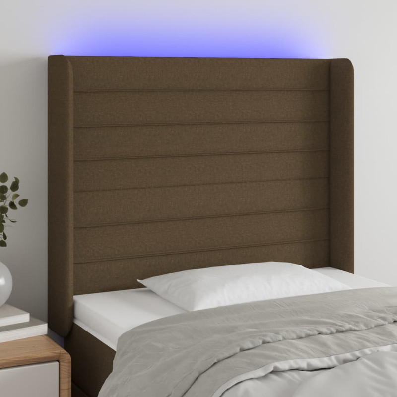 Zagłówek do łóżka z LED ciemnobrązowy 103x16x118/128 cm tkanina