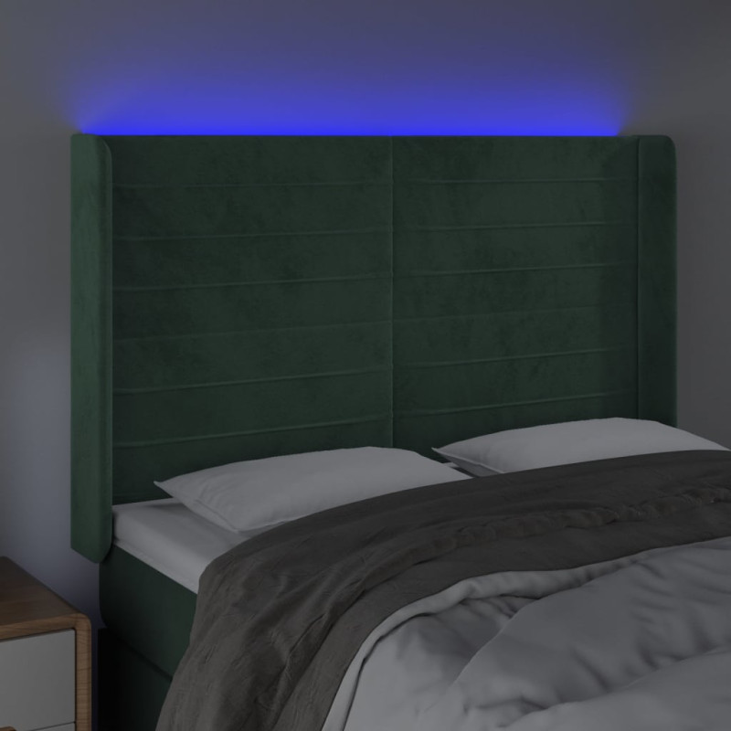 Zagłówek do łóżka z LED, ciemnozielony 147x16x118/128cm aksamit