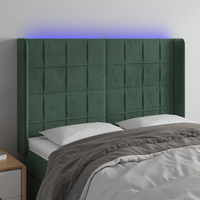 Zagłówek do łóżka z LED, ciemnozielony 147x16x118/128cm aksamit