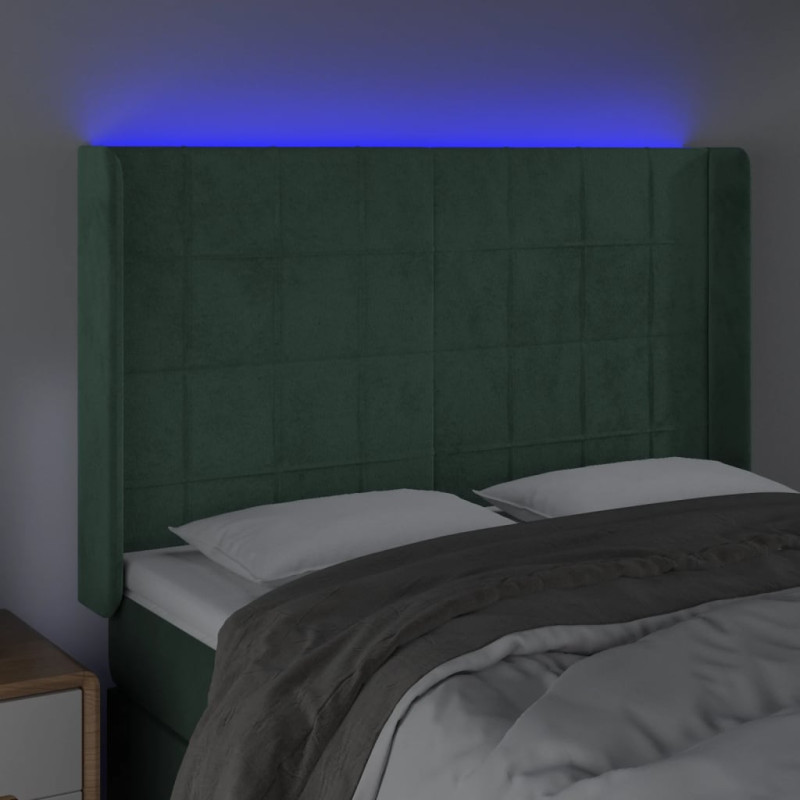 Zagłówek do łóżka z LED, ciemnozielony 147x16x118/128cm aksamit