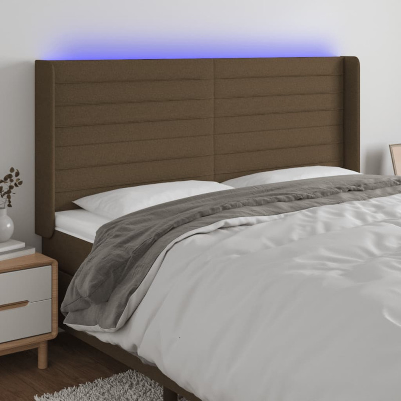 Zagłówek do łóżka z LED ciemnobrązowy 183x16x118/128 cm tkanina
