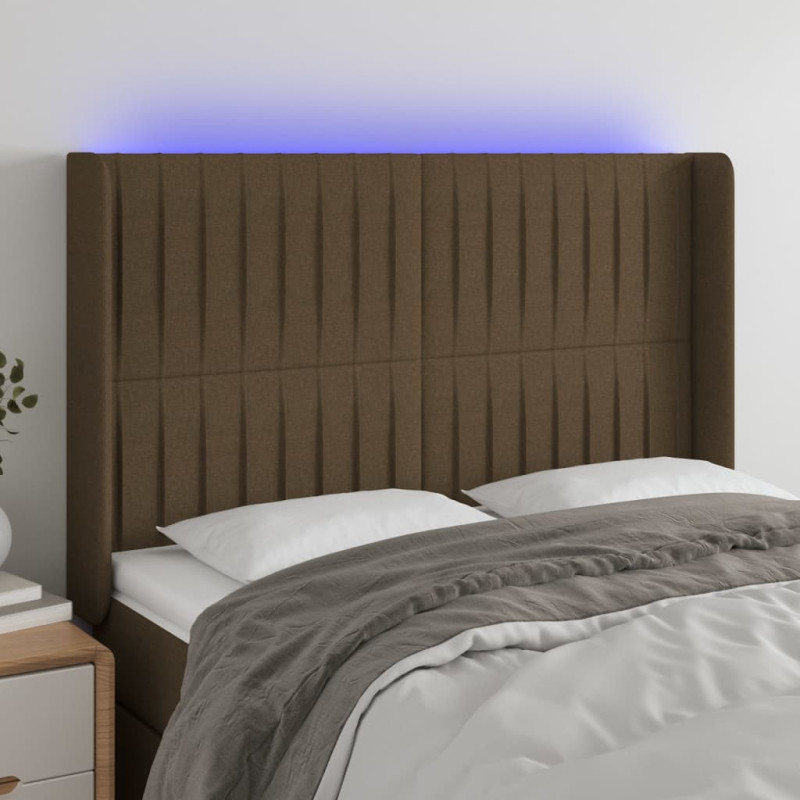 Zagłówek do łóżka z LED ciemnobrązowy 147x16x118/128 cm tkanina