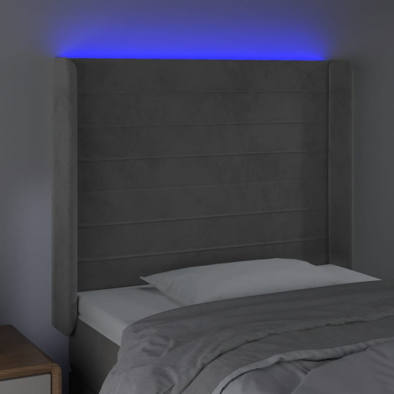 Zagłówek do łóżka z LED, jasnoszary, 103x16x118/128 cm, aksamit