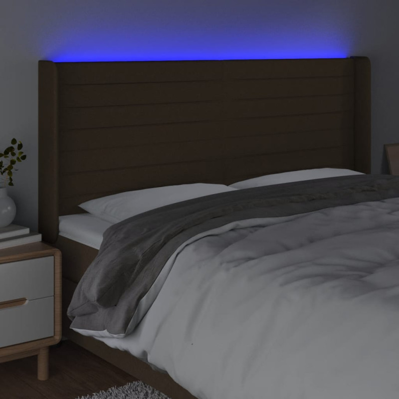 Zagłówek do łóżka z LED ciemnobrązowy 203x16x118/128 cm tkanina