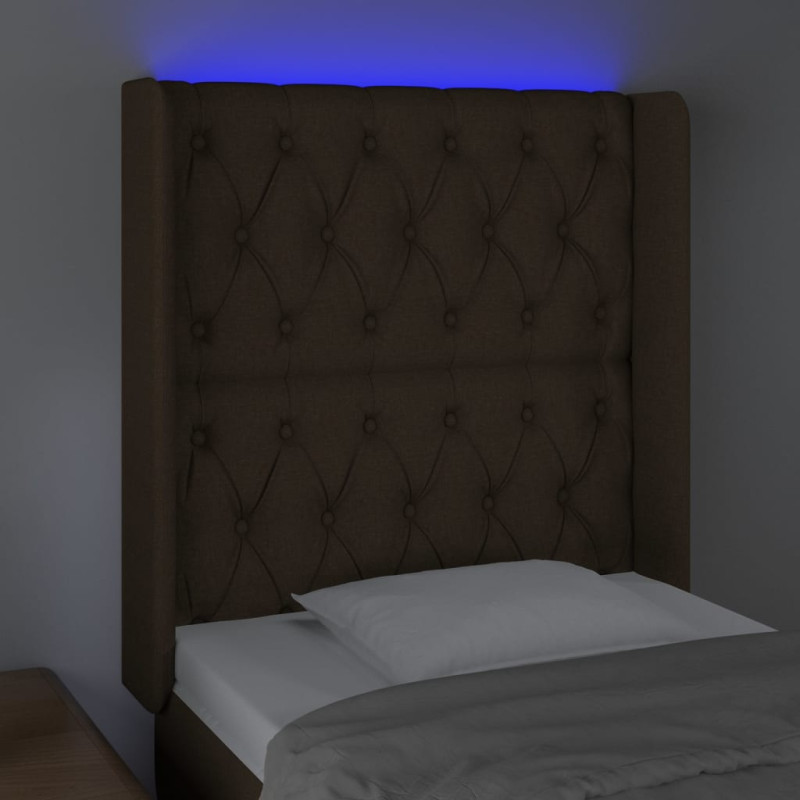 Zagłówek do łóżka z LED ciemnobrązowy, 83x16x118/128 cm tkanina