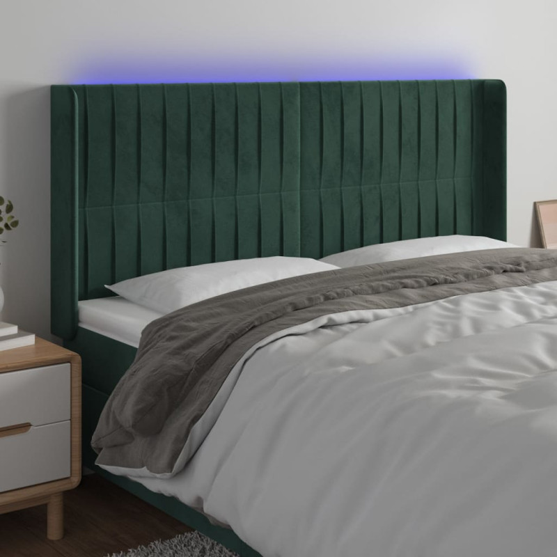 Zagłówek do łóżka z LED, ciemnozielony 183x16x118/128cm aksamit