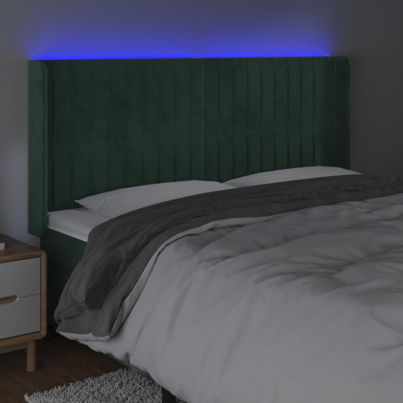 Zagłówek do łóżka z LED, ciemnozielony 183x16x118/128cm aksamit