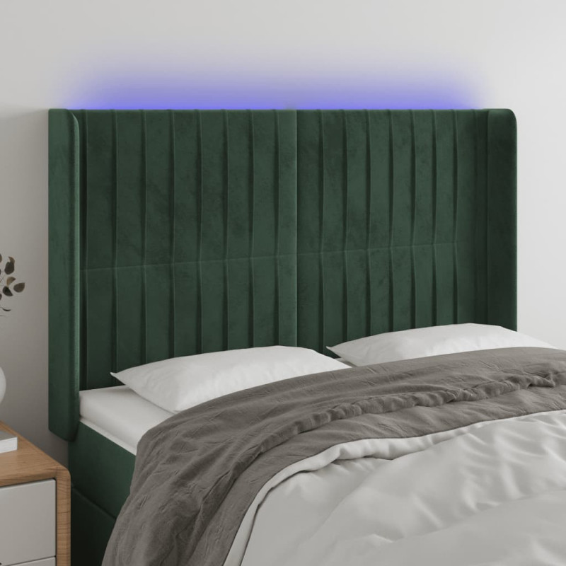 Zagłówek do łóżka z LED, ciemnozielony 147x16x118/128cm aksamit