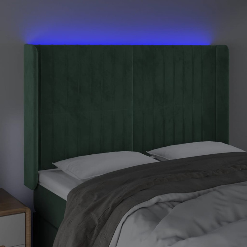 Zagłówek do łóżka z LED, ciemnozielony 147x16x118/128cm aksamit
