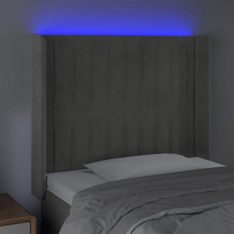Zagłówek do łóżka z LED, jasnoszary, 83x16x118/128 cm, aksamit