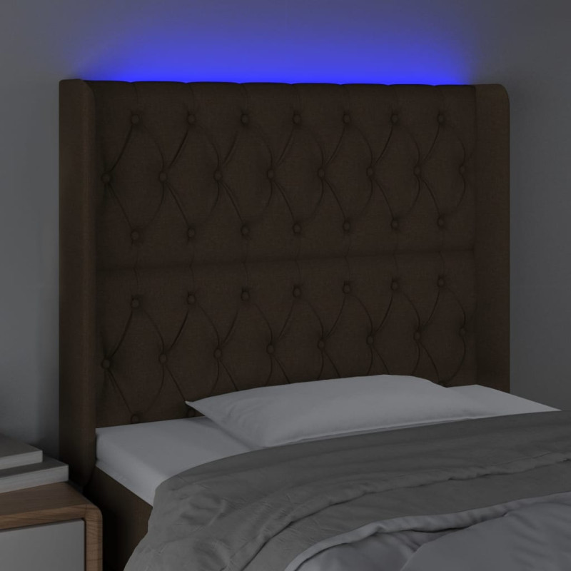 Zagłówek do łóżka z LED ciemnobrązowy 103x16x118/128 cm tkanina