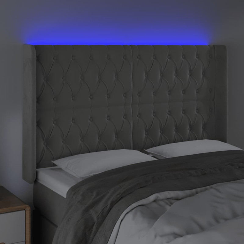 Zagłówek do łóżka z LED, jasnoszary, 163x16x118/128 cm, aksamit