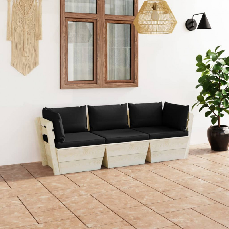 Ogrodowa sofa 3-osobowa z palet, z poduszkami, drewno świerkowe