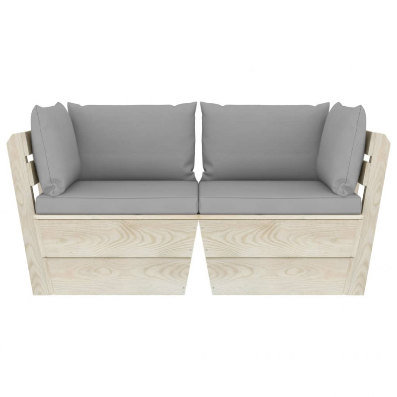 Ogrodowa sofa 2-osobowa z palet, z poduszkami, drewno świerkowe