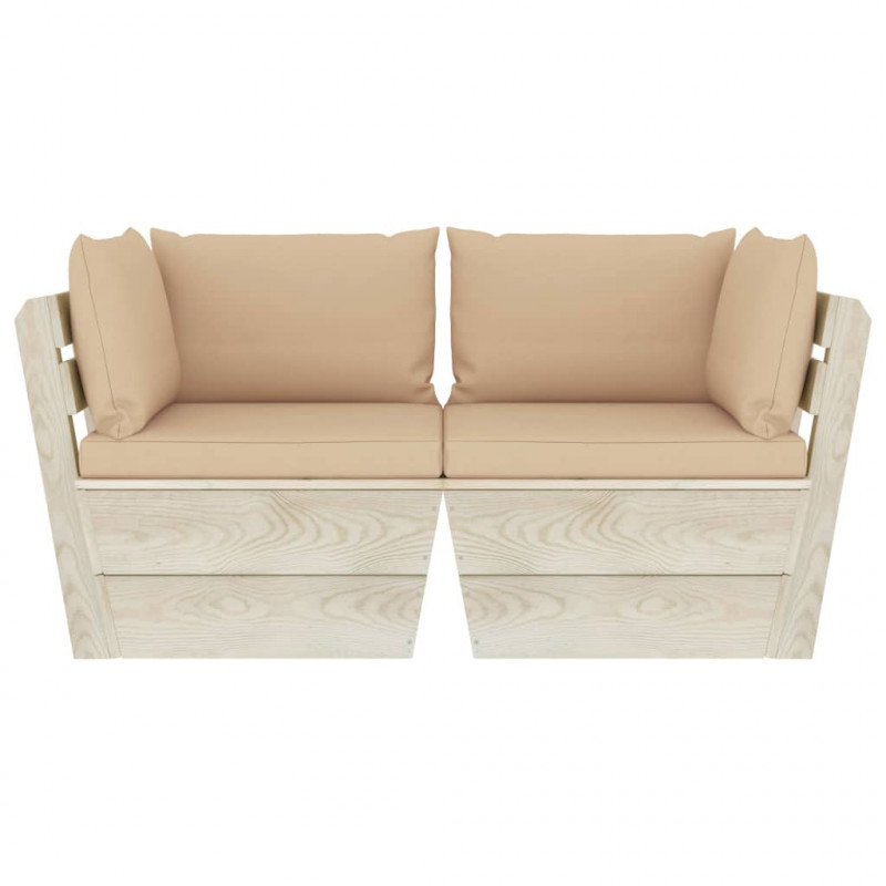 Ogrodowa sofa 2-osobowa z palet, z poduszkami, drewno świerkowe