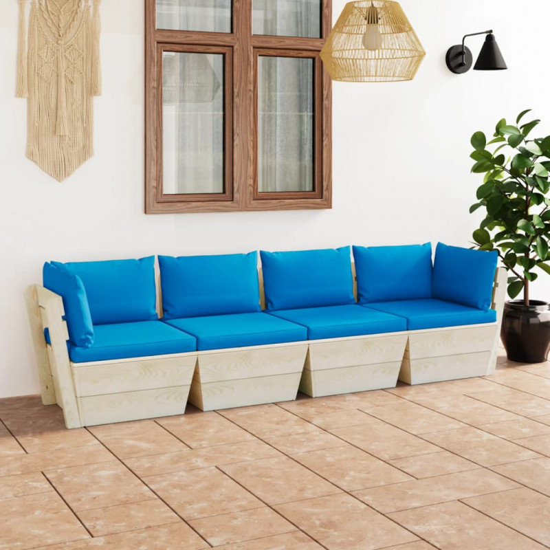 Ogrodowa sofa 4-osobowa z palet, z poduszkami, drewno świerkowe