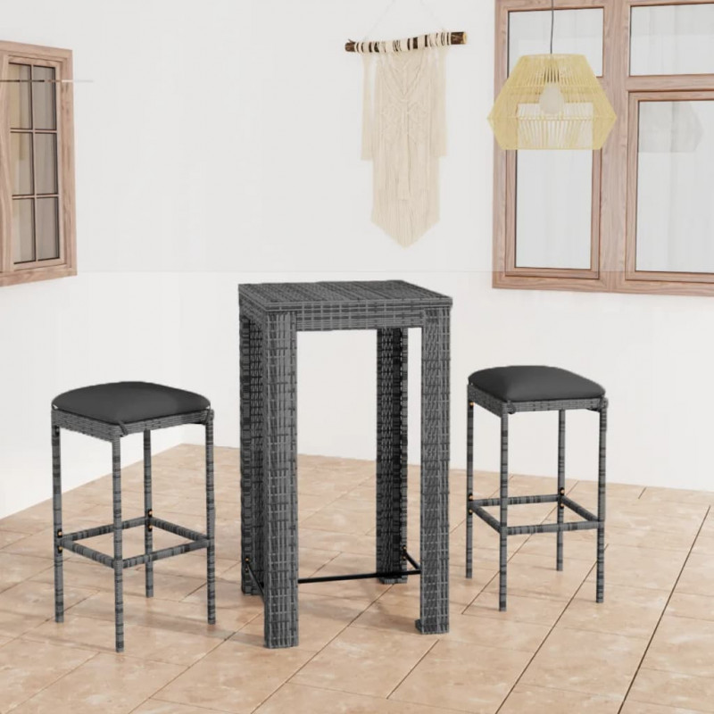 3-cz. zestaw mebli barowych z poduszkami, rattan PE, szary