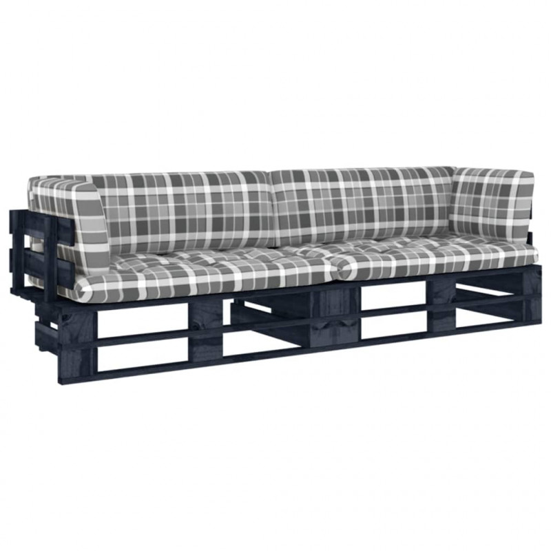Sofa 2-osobowa z palet, z poduszkami, czarna, drewno sosnowe