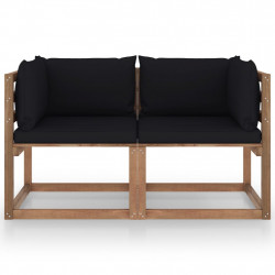 Ogrodowa sofa 2-os. z palet, z czarnymi poduszkami, sosna