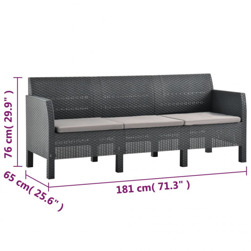 3-osobowa sofa ogrodowa z poduszkami, antracytowa, rattan PP