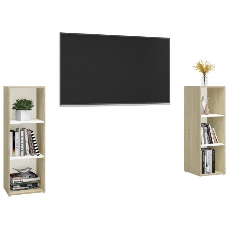 Szafki TV, 2 szt., biel i dąb sonoma, 107x35x37 cm, płyta