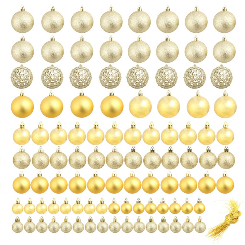 Zestaw bombek, 100 elementów, 3/4/6 cm, złoty