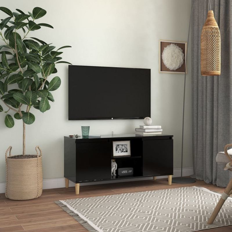 Szafka TV z drewnianymi nóżkami, czarna, 103,5x35x50 cm
