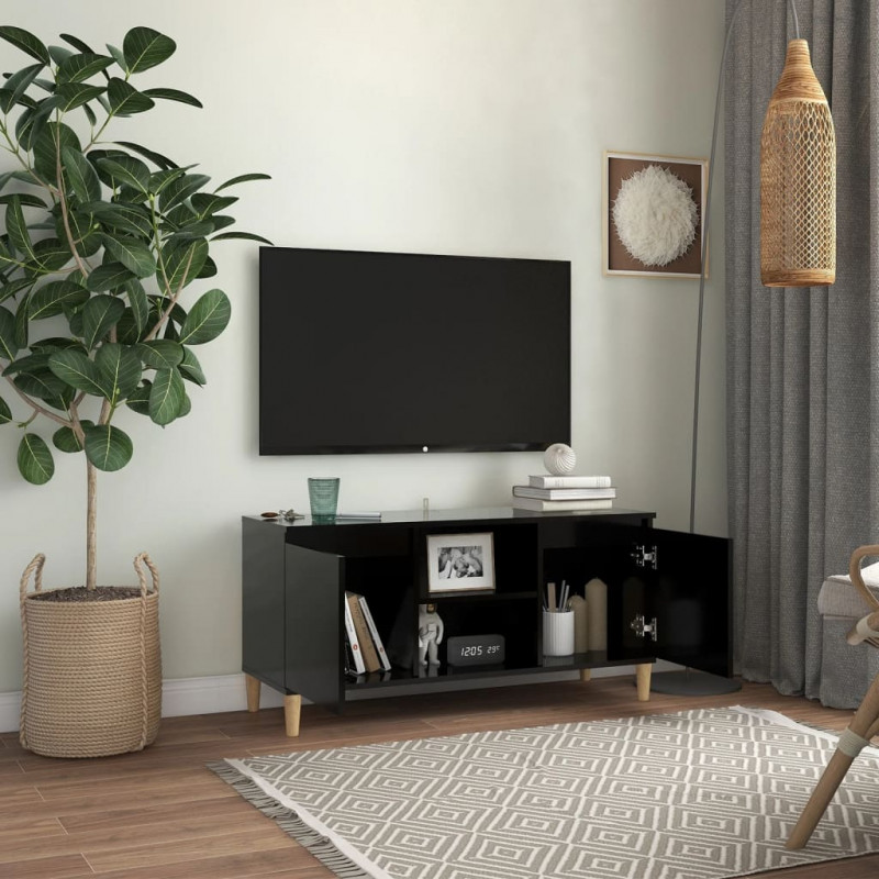 Szafka TV z drewnianymi nóżkami, czarna, 103,5x35x50 cm