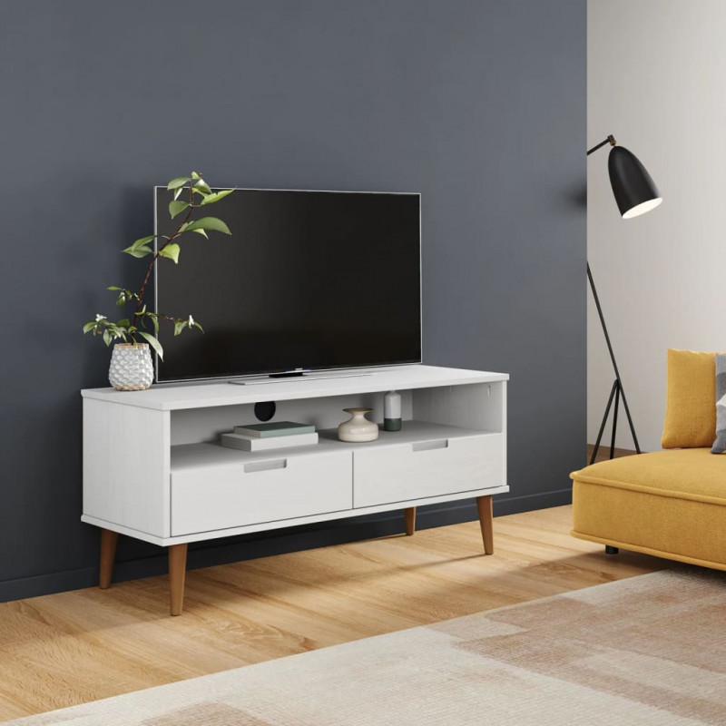 Szafka TV MOLDE, biała, 106x40x49 cm, lite drewno sosnowe
