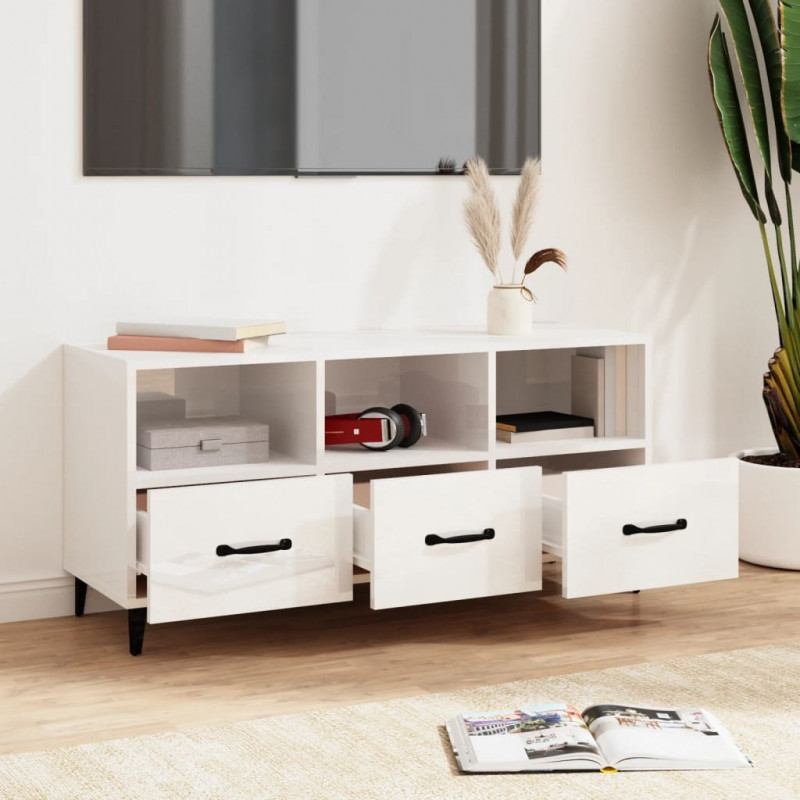 Szafka pod TV, wysoki połysk, biała, 102x35x50 cm