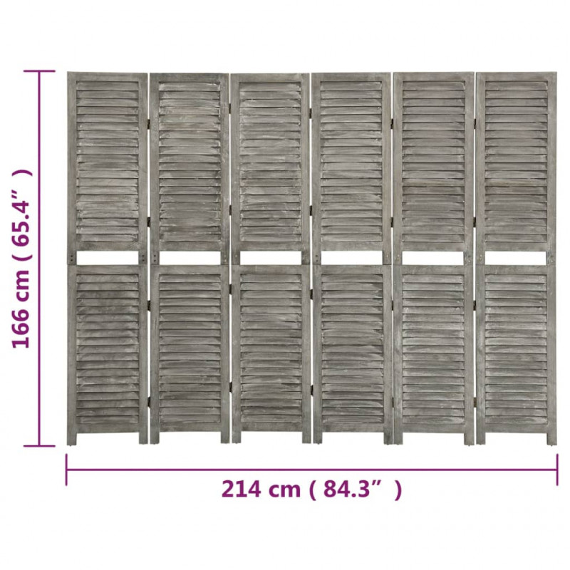 Parawan 6-panelowy, szary, 214x166 cm, lite drewno
