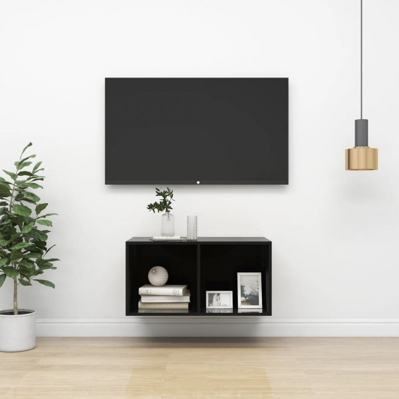 Wisząca szafka pod TV, wysoki połysk, czarna, 37x37x72 cm