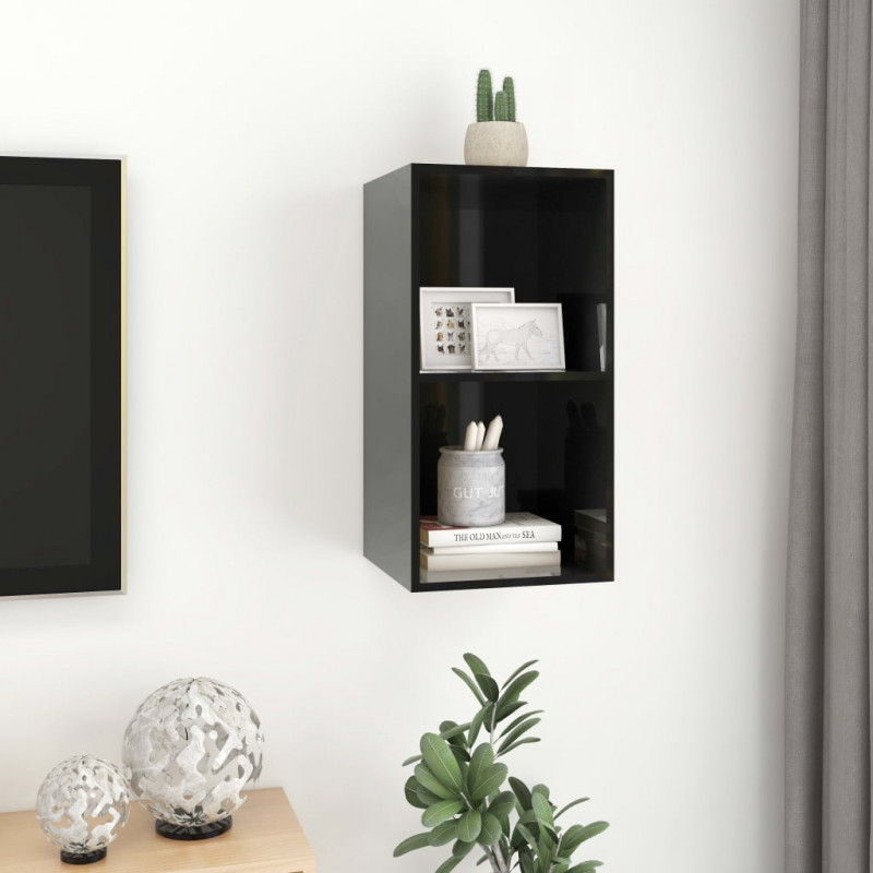 Wisząca szafka pod TV, wysoki połysk, czarna, 37x37x72 cm