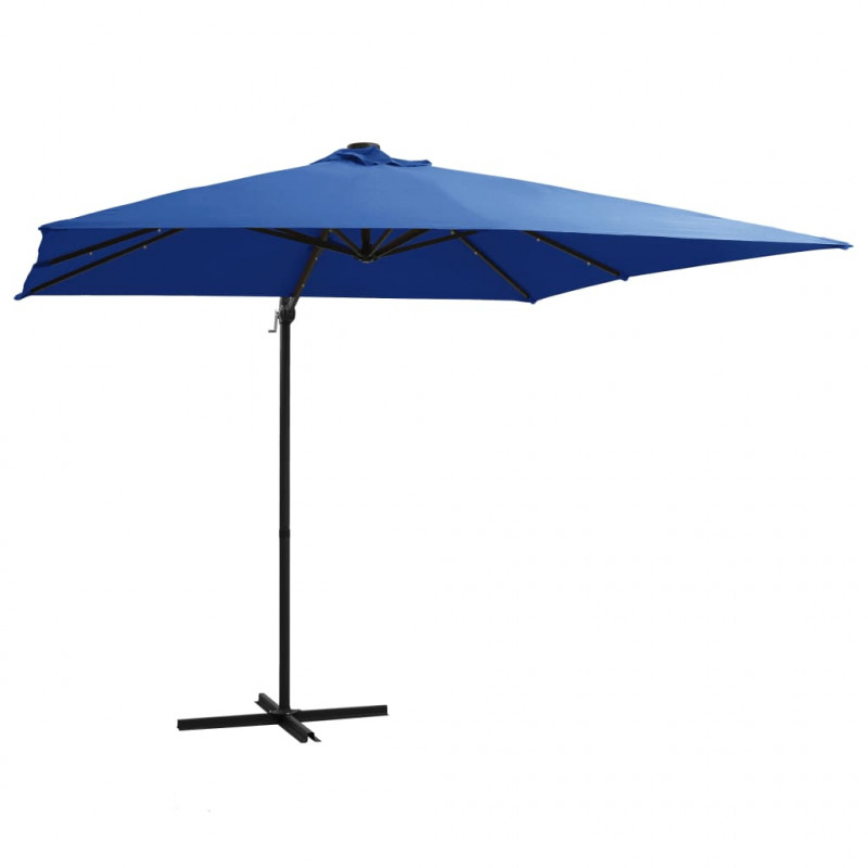 Parasol wiszący z LED i stalowym słupkiem 250x250 cm, niebieski