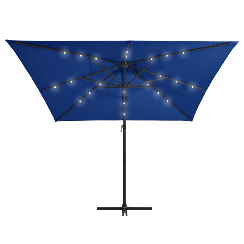 Parasol wiszący z LED i stalowym słupkiem 250x250 cm, niebieski
