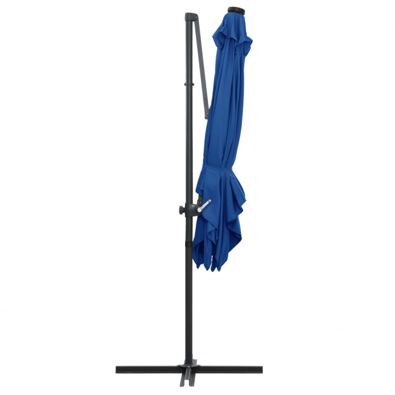 Parasol wiszący z LED i stalowym słupkiem 250x250 cm, niebieski