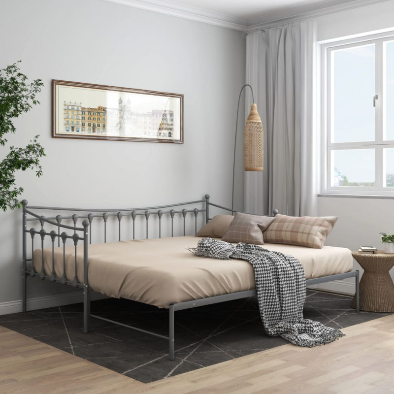 Sofa z wysuwaną ramą łóżka, szara, metalowa, 90x200 cm