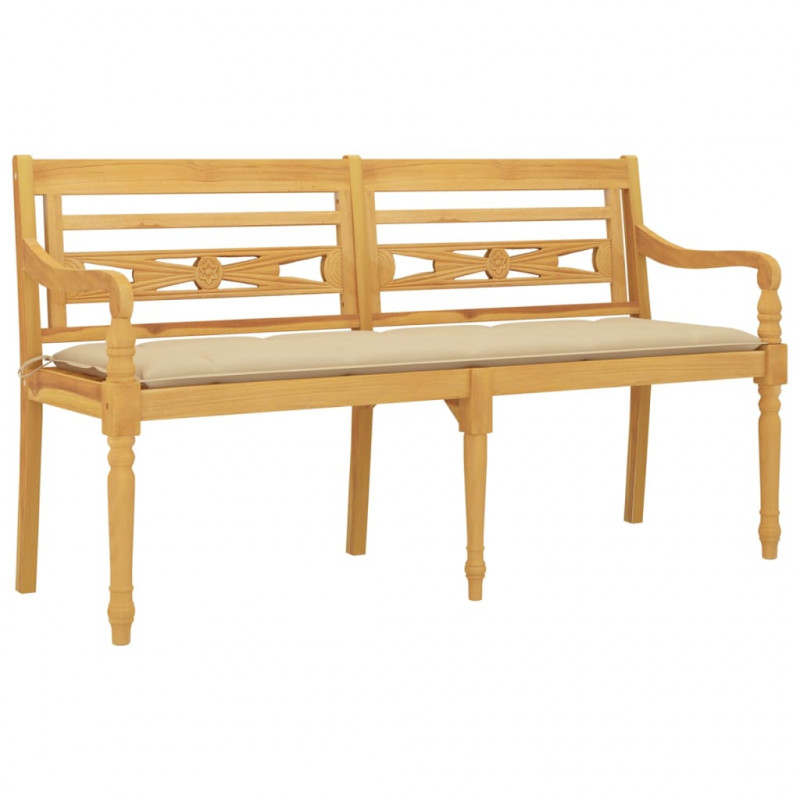 Ławka Batavia z beżową poduszką, 150 cm, lite drewno tekowe